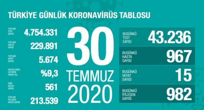 30 Temmuz koronavirüs tablosu açıklandı… Bugünkü vaka sayısı…